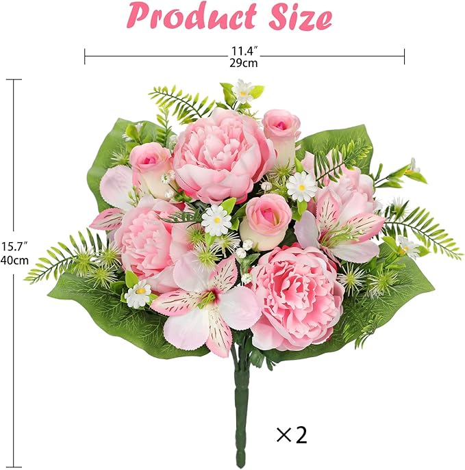 Hollyone Set of 2 Artificial Cemetery Flower for Graves Cemetery Memorial Flowers for Outdoor Grave Decorations Silk Flower Arrangements Pink Rose Peonies Lily Floral Flowers Bouquets
