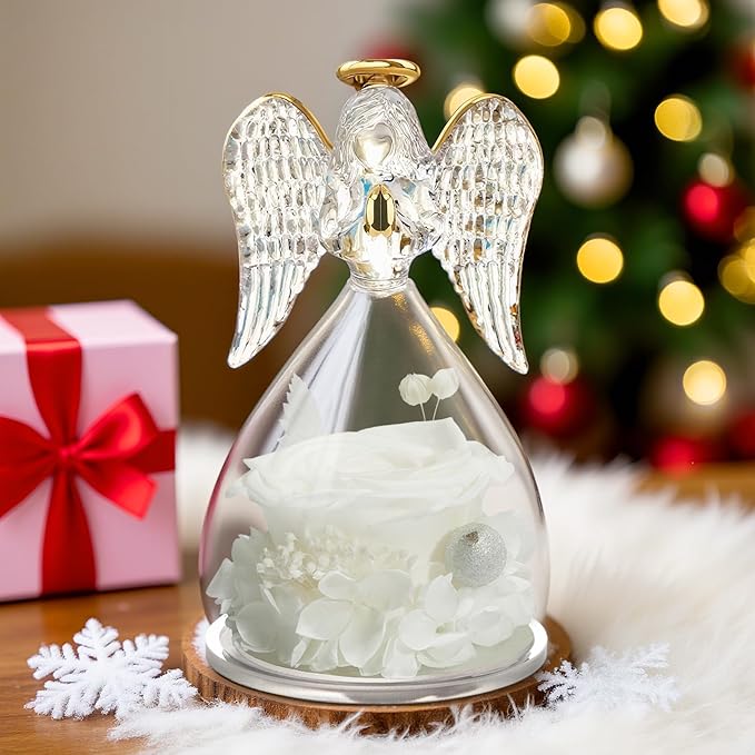 Yamonic Birthday Gifts for Women, Angel Figurines with Real Rose Gifts for Her Mom Grandma,Preserved Flowers Rose Angel Figurines for Mothers Day Christmas Anniversary Birthday Gifts for Her (White)
