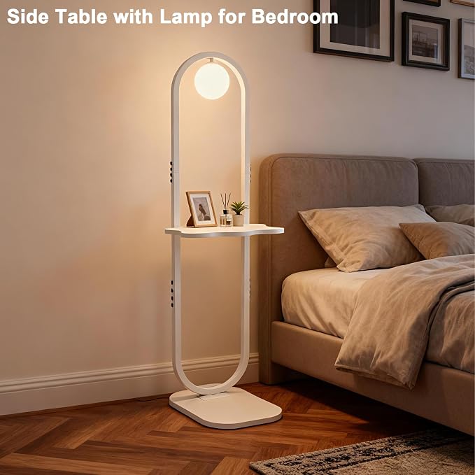 Lightdot 47-Inch Arch Floor Lamp, Modern Standing Lamp with Table, White Metal Frame with Globe Shade, Living Room Bedroom Lighting, G9 LED Bulb Included for Sofa Beside/Corner Decor
