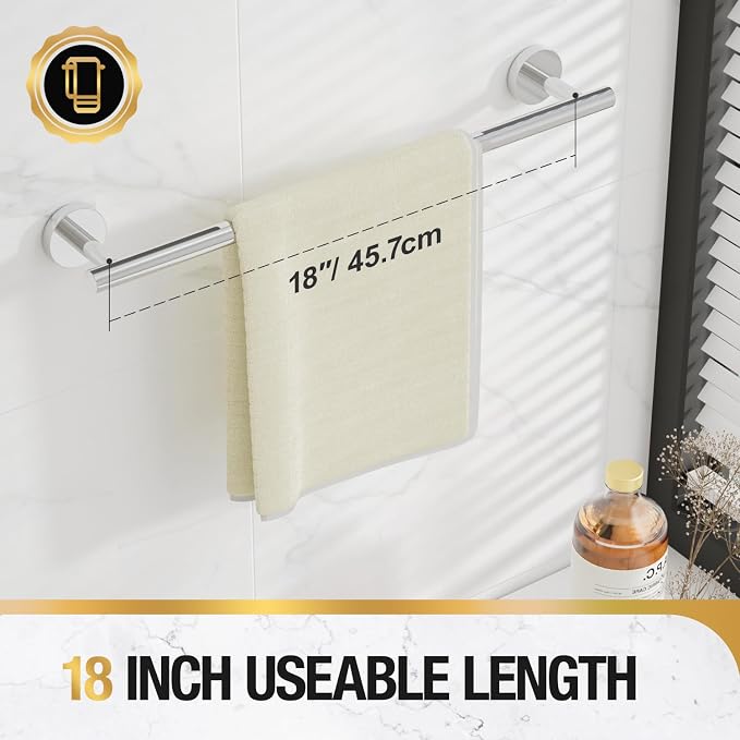 HITSLAM Chrome 18 Inch Towel Bar for Bathroom, SUS304 Stainless Steel Bathroom Towel Rack Wall Mounted, Modern Home Decor Bath Towel Holder with Hardware Accessories (Total Length 19.8 Inch)