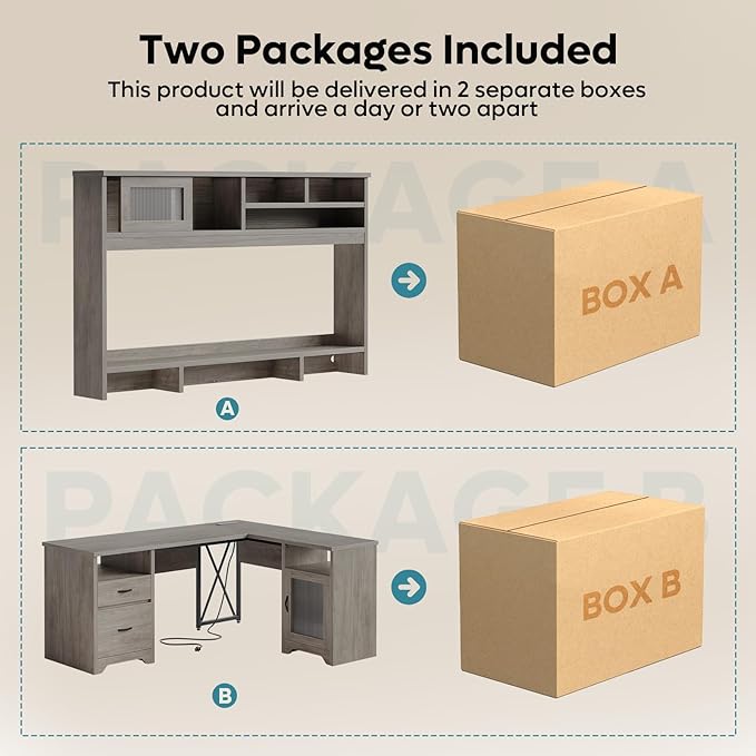Bestier Farmhouse 63" L Shaped Desk with Hutch, Wood Computer Desk with Drawers, Charging Station, LED Light, Fluted Sliding Door Cabinet, Monitor Stand, Executive Desk for Home Office, Grey