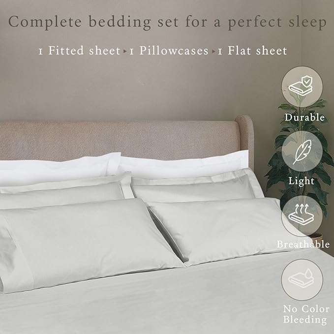 Threadmill Cotton Twin Sheets Set, 5 Star Hotel Quality Bed Sheets, 100% Cotton Sheets, 500 Thread Count, Deep Pocket, Snug Fit for Twin Mattress, Soft & Crisp 3 Piece Sheet Set, Light Grey