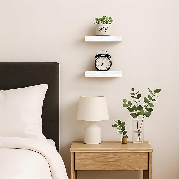 BGMG Small Wood Floating Shelves 8 inch Set of 2,White Floating Shelves for Wall,Solid Wood Wall Shelves for Bathroom Living Room Bedroom Kitchen Farmhouse-8x 6.7 x1.25 inch