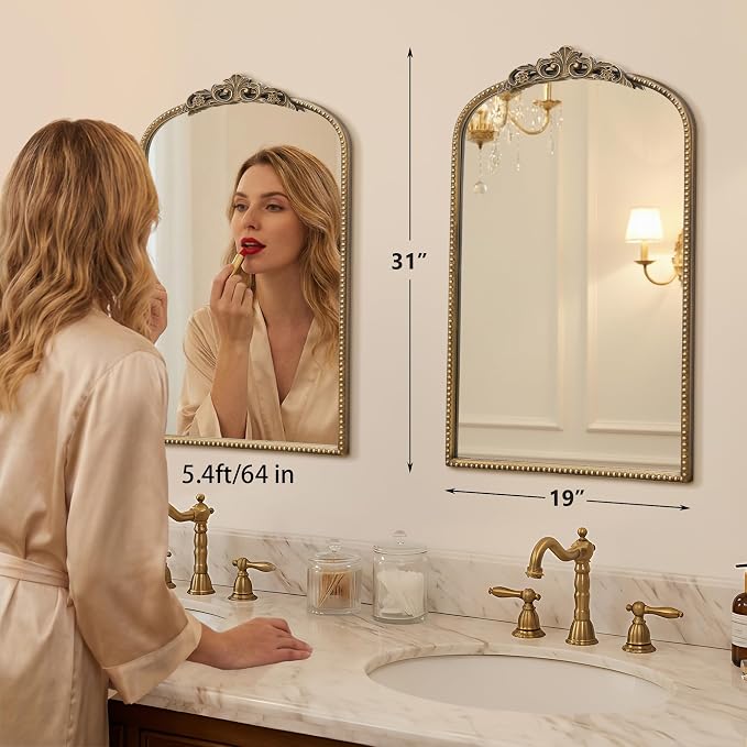 Micasso Vintage Wall Gold Mirror: 31"x 19" French Baroque Antique Mirror - Traditional Ornate Decorative Arched for Wall/Bathroom/Entryway/Fireplace/Hallway - Home Decor for Living Room