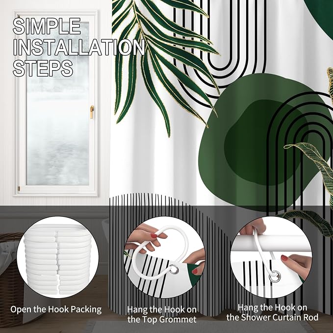 Mid Century Green Shower Curtain for Bathroom Boho Modern Abstract Plant Tropical Leaves Bathroom Curtain Set Geometric Arch Minimalist Waterproof Fabric Bath Decor 72x84 inch
