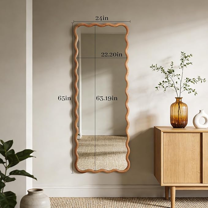 WallBeyond 24"x65" Full Length Mirror with Wood Frame, Natural Wood Wavy Mirror, Decorative Floor or Wall Mounted Mirror for Bedroom, Living Room, Entryway and Dressing Room
