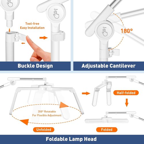KIRKAS LED Half Moon Floor Lamp - Adjustable Brightness Esthetician Light with Rolling Base & Phone Holder | Craft White