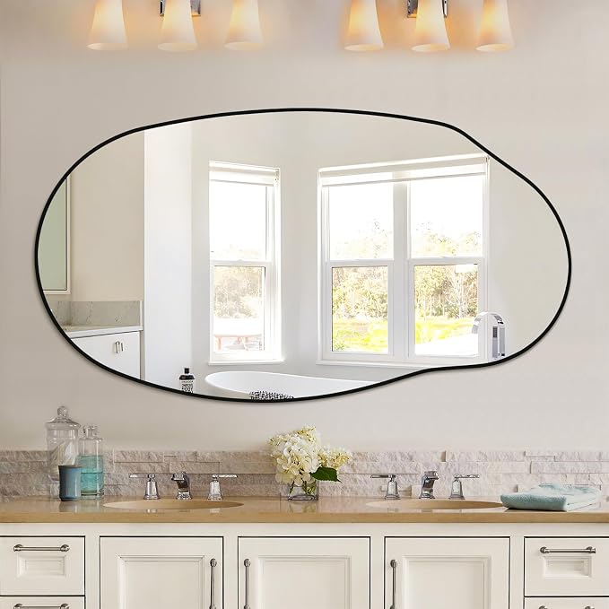 Mirrorons Irregular Wall Mirror 51×28, Black Asymmetrical Bathroom Mirror, Oval Aesthetic Full Length Mirror, Shatterproof Black Bathroom Mirrors