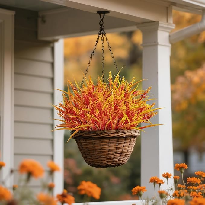 Ouddy Decor 24 Bundles Artificial Fall Flowers for Decorations, Fake Mums Faux Lavender Monkey Grass Plastic Plants UV Resistant for Garden Porch Farmhouse Autumn Harvest Thanksgiving Decor, Orange