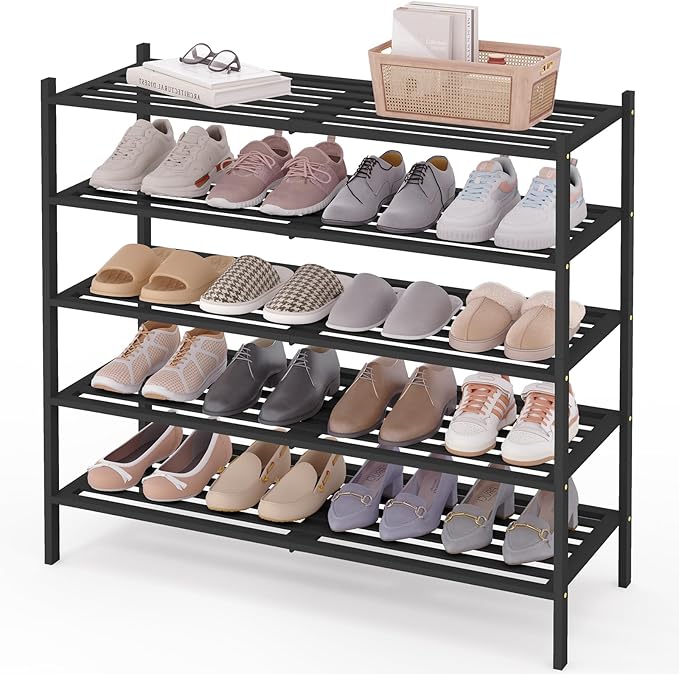 Smiry Long Bamboo Shoe Rack 5-Tier, Stackable Wooden Shoe Organizer for Entryway & Closet, Free Standing Wood Shoe Storage Shelf for Front Door & Small Spaces, Black