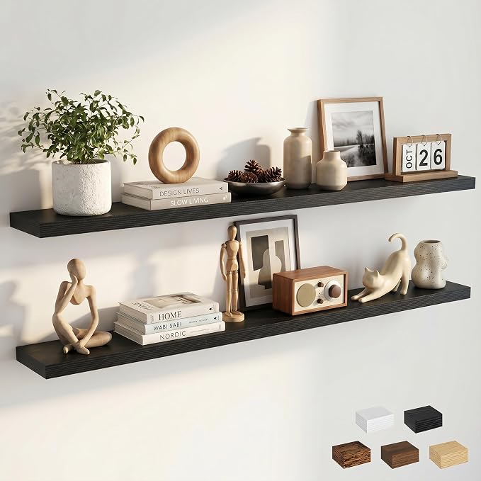 Dreamland Floating Shelves for Wall, Rustic Black Floating Shelves for Bathroom|Bedroom|Kitchen, Deep Wall Mounted Book Shelf, Wood Storage Display Shelf for Home Decor, Set of 2