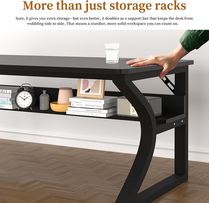 55 inch Computer Desk, Home Office Desk with Storage Shelf, Sturdy U-Shaped Metal Frame Study Table with Cable Management, Gaming Desk for Office & Bedroom (Black, 55 inch)