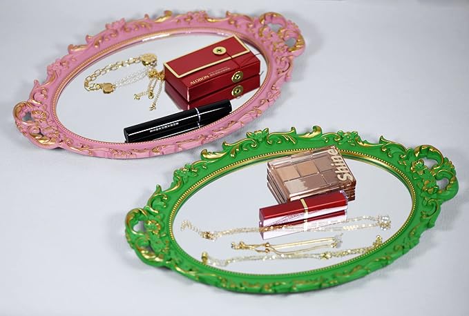 Tstarer 2PACK - Vintage Decorative Pink Framed Mirror, Wall Hanging Mirrors & Tabletop Tray for Bedroom Living Room Dresser Decor, Oval- 9.6" W x 14.3" L (PINK-2PACK)