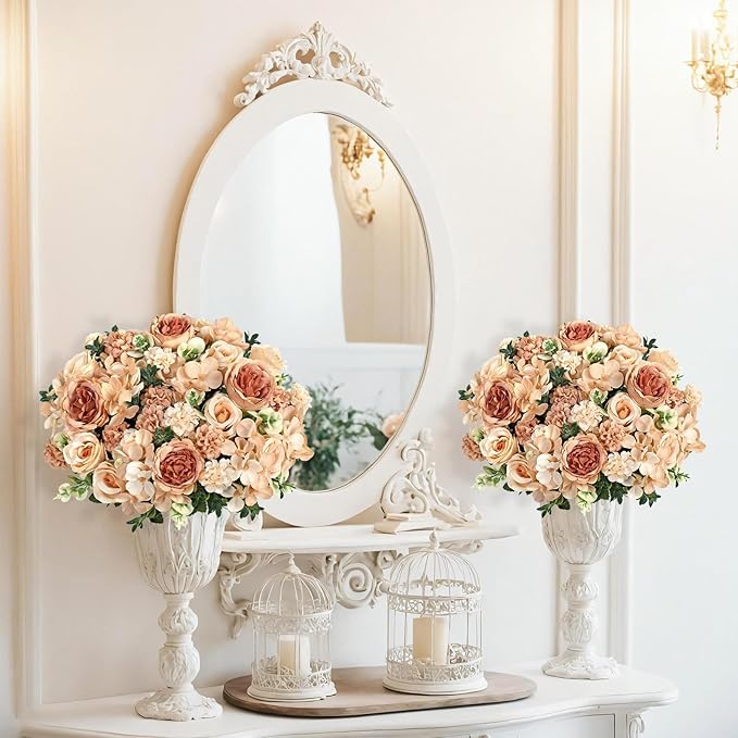 4 Bundles Champagne Peonies Artificial Flowers Silk Flower Centerpieces for Tables Fake Flower Arrangements Mixed Roses Hydrangea with Stems for Wedding Bridal Bouquets Home Table Decor