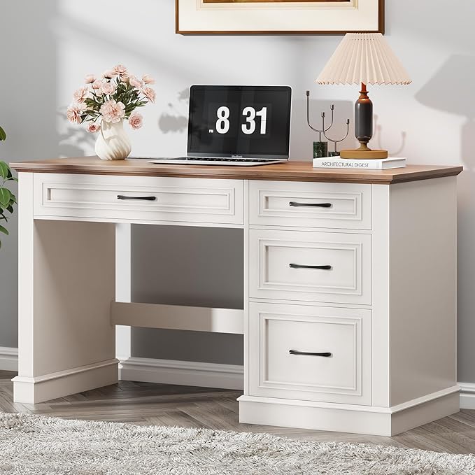Farmhouse 47" Executive Desk, Computer Desk with Drawers and File Drawer, Workstation Computer Desk with Charging Station for Home Office,Study (Unique White)