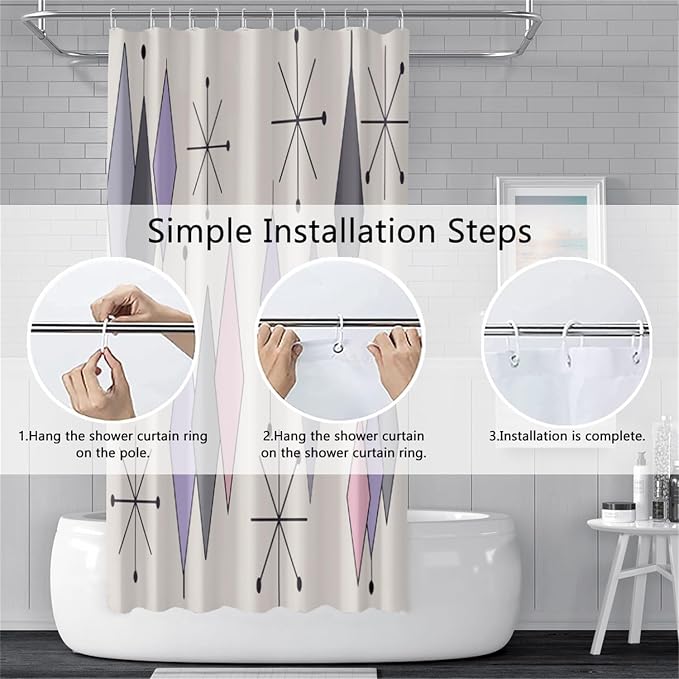 Boho Mid Century Shower Curtain Abstract Purple Grey Pink Diamond Geometric Atomic Starburst Pattern Beige for 1950s Retro Bathroom Decor Shower Curtain Set with 12 Hooks, 69x70 Inches