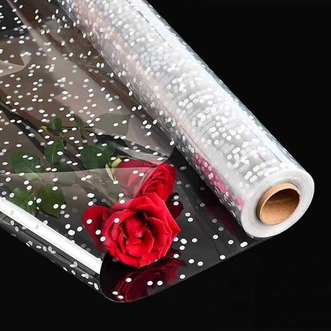 Giiffu Clear Cellophane Wrap Roll (34 in x 148 ft)-Cellophane Roll for Gift Basket, White Polka Dot Wrapping Paper, 3 Mil Thick Plastic Hampers Gift Wrap for Flower Bouquet, Basket, Treats, Crafts