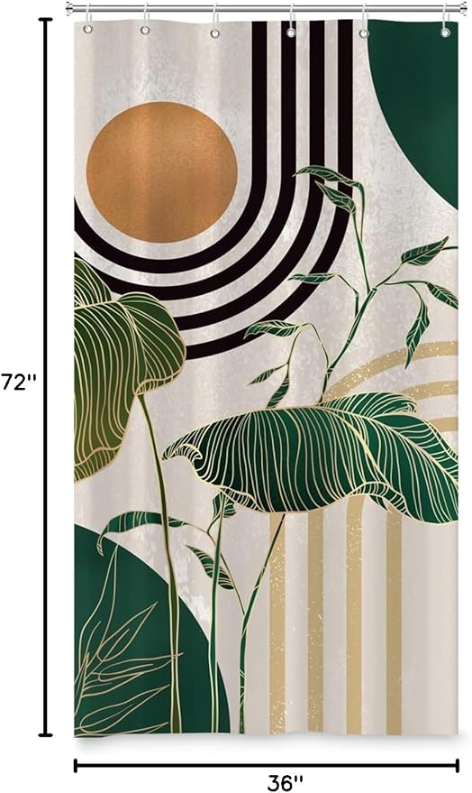 Boho Green Geometric Shower Curtain Bohemian Abstract Mid Century Tropical Bathroom Curtain Minimalist Modern Palm Leaf Shower Curtain Sets for Bathroom Extra Long 36x72 in with 6 Hooks