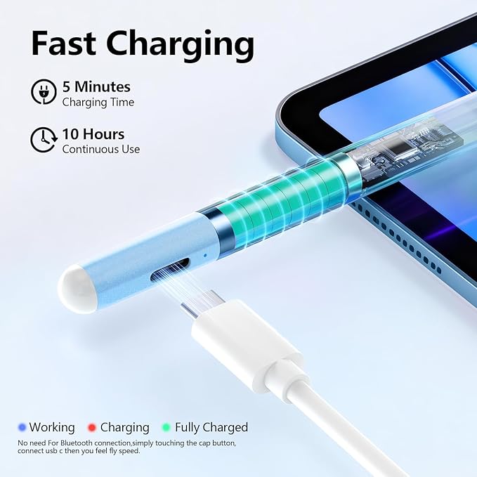 Stylus Pen for iPad 6th-11th Generation-2X Fast Charge Active Pencil Compatible with 2018-2025 Apple iPad Pro 11"/12.9"/M4, iPad Air 3/4/5/M2/M3,iPad mini 5/6 Gen-White Blue