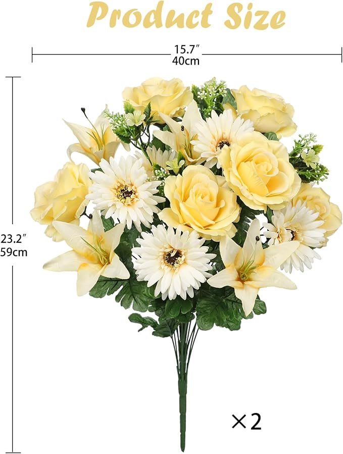 Hollyone Set of 2 Artificial Cemetery Flowers for Grave Yellow Cemetery Memorial Flowers for Cemetery Outdoor Grave Decorations Silk Flower Arrangements Rose Lily Gerbera Floral Flowers Bouquets