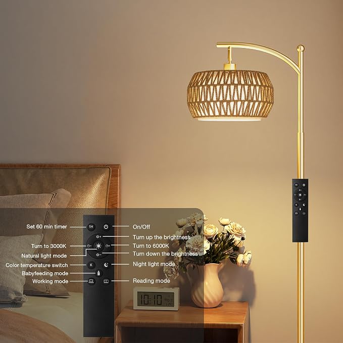 Ambimall Arc Floor Lamp for Living Room with Remote, Color Temperature & Brightness Adjustable, Bohemia Standing Lamp with Rattan & Fabric Double Drum Shades, Bulb Included(Gold)