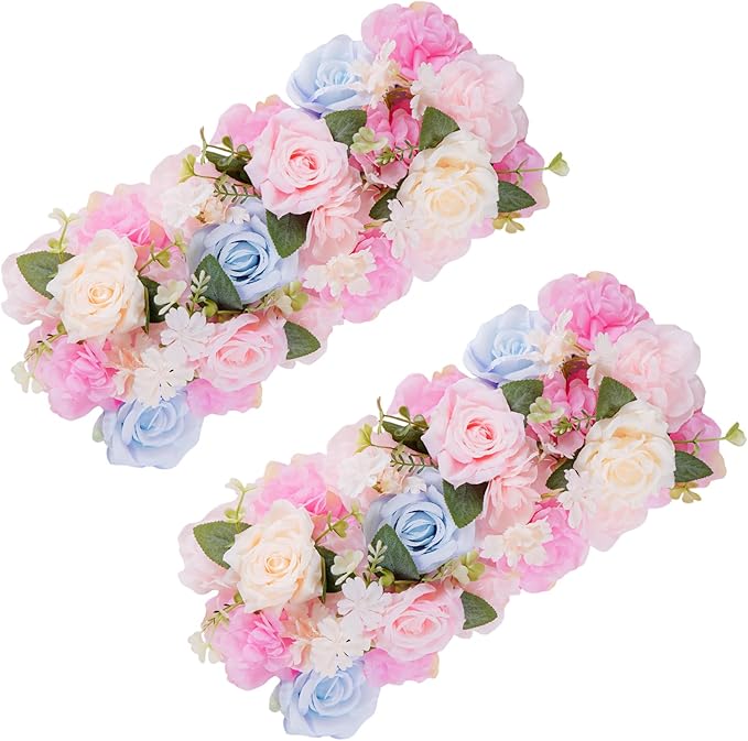 Flower Centerpieces for Tables - 2 Pack Wedding Arch Artificial Flowers Blue&Pink Arrangements Center Piece for Reception, Living Room, Kitchen, Dining Table Runner Decorations(20.5 * 9.4''/52 * 24cm)