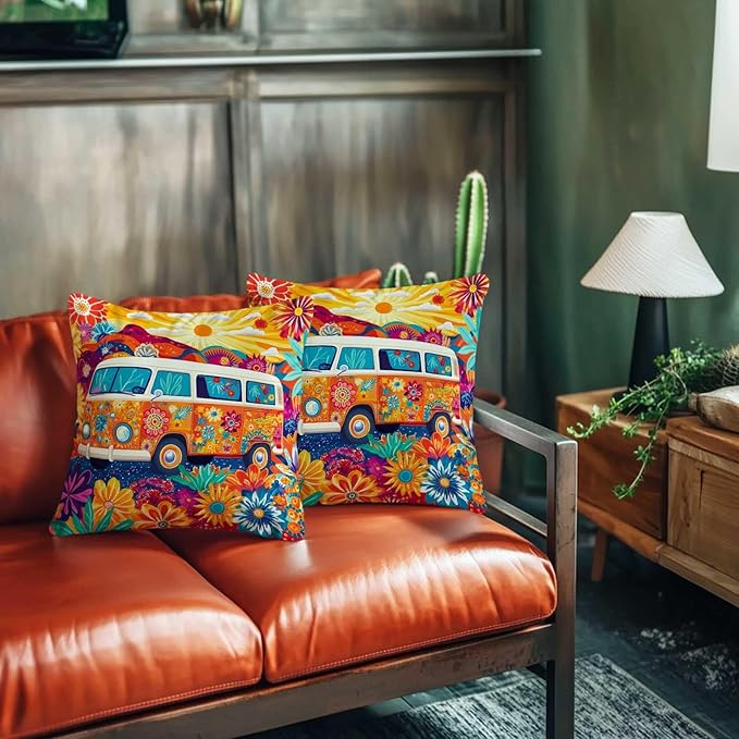 Hippie Van Throw Pillow Covers 18x18 Set of 2 | Home Decor Retro 1960s Cushion Cases with Zipper | Decorative Pillowcases for Couch, Sofa, Living Room and Bedroom