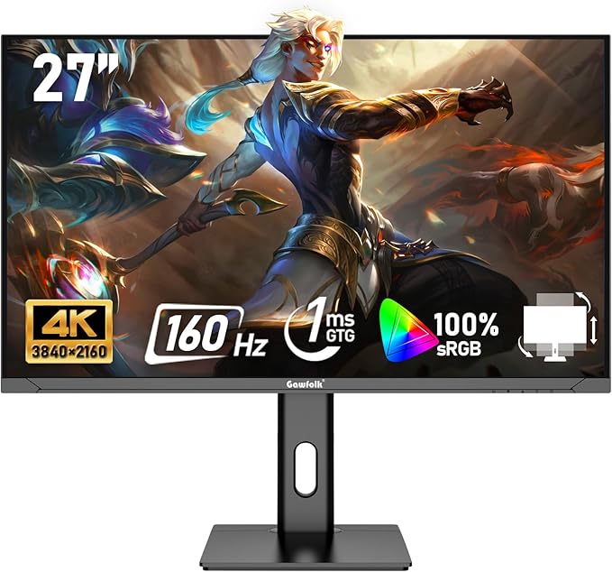 Gawfolk 27 inch IPS PC Screen, 4K Gaming Monitor 160Hz, 1ms, FreeSync, 100% sRGB, 178° Wide Viewing Angle, HDMI 2.1, DisplayPort,Height-Adjustable and Swivel,75 * 75MM Wall Mount Compatible - Black