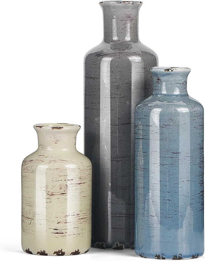 Ceramic Vase Set of 3, Small Flower vase for Home Decoration, Rustic Farmhouse Table Shelf, Entrance Decor, ice Crackle Vintage vase for Living Room & Dining Table Centerpieces Multicolor
