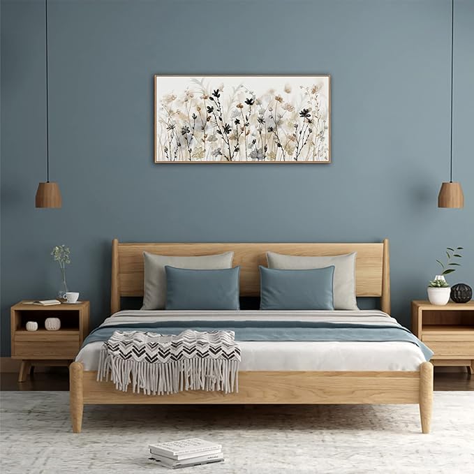 Framed Floral Wall Art Abstract Grey Cream White Grass Flowers Canvas Pictures Modern Landscape Painting Botanical Artwork for Living Room Bedroom Kitchen Office Wall Decor Ready to Hang 20" x 40"