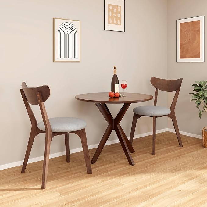 ERGOMASTER 3-Piece Dining Table Set for 2, 36" Kitchen Round Table with 2 Chairs, Rubber Wood Legs, Brown