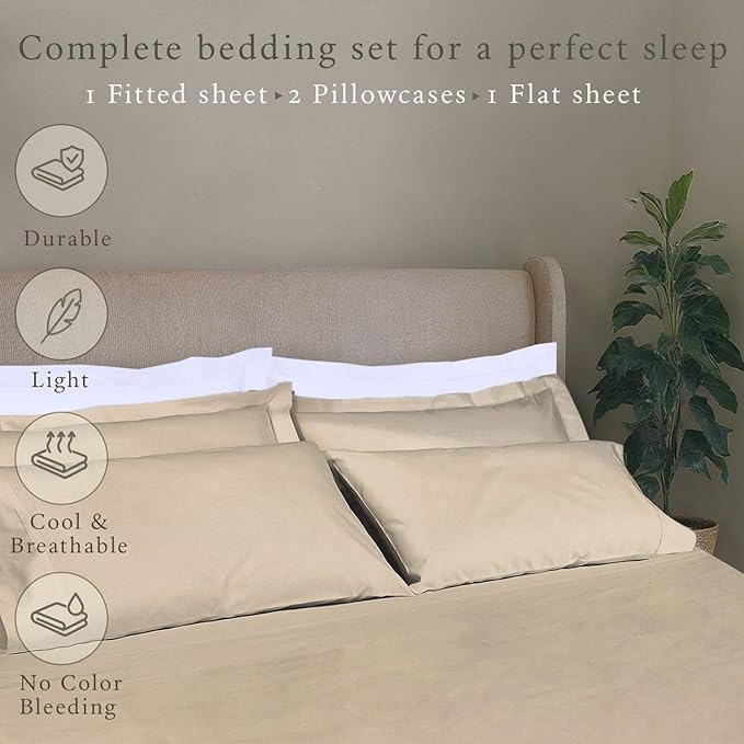 Threadmill - Hotel Luxury Cotton Sheets King Size 100% Cotton, 500 Thread Count Deep Pocket, Snug Fit, Soft & Crisp Cooling Hotel-Quality Bedsheets 4 Piece Set (King, Beige)