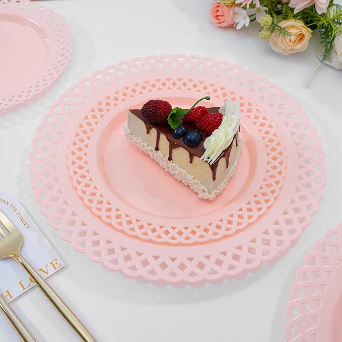 COLOSUS 60Pcs Pink Plastic Plates, Plastic Disposable Plates, Fancy Pink Scallop plates, Heavy Duty Lace Plate Set include 30 Dinner Plate 10” and 30 Salad/Dessert Plate 7.5”for Christmas