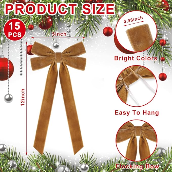 JOICEE 15Pcs Christmas Velvet Bows Ornament, 5 x 12 Inch Wreath Crafts Bows Christmas Tree Ribbon Bows for Xmas Holiday Home Party Garland Indoor Outdoor Decorations(Khaki)