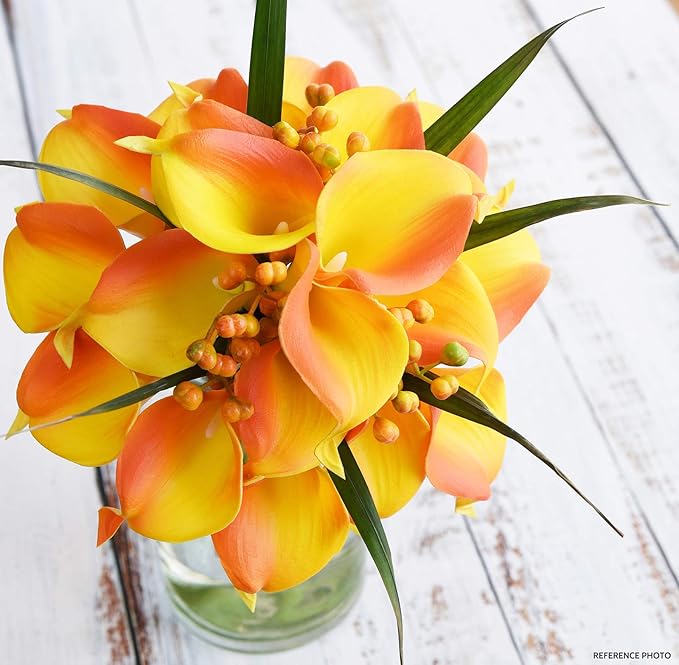 FiveSeasonStuff Real Touch Calla Lily Artificial Flowers Wedding Bridal Bouquet | Floral Arrangements | 15 Calla Lilies (Sunset Orange)