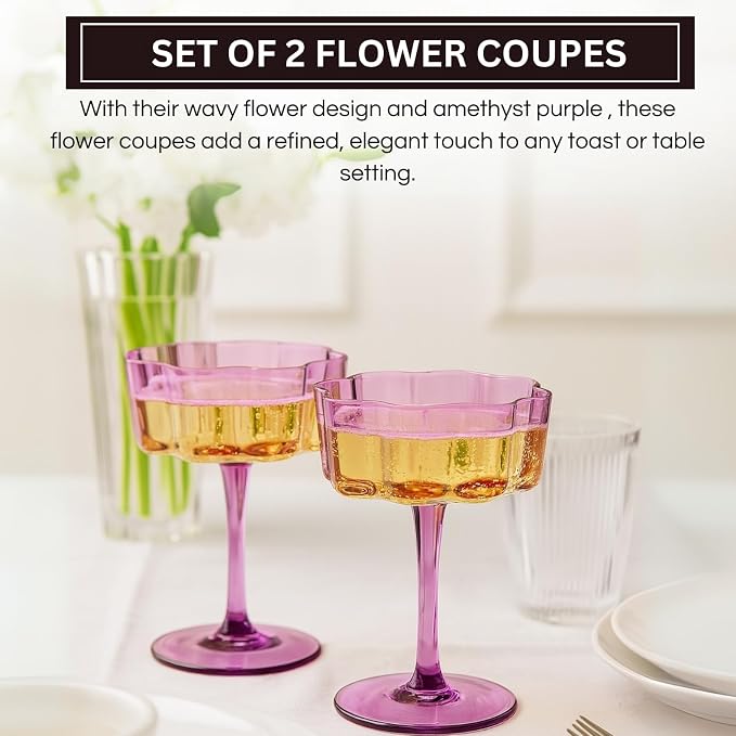 Khen Flower Vintage Wavy Glass Coupes Martini, Champagne & Cocktail Coupes - Set of 2-7oz Colorful Cocktail Glasses & Champagne, Prosecco, Mimosa Glassware Copyright Design - Amethyst Purple