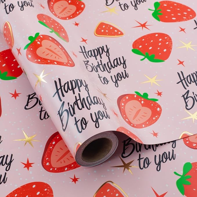 Burymento Pink Strawberry Birthday Wrapping Paper Roll, Gold Leaf Star Design Gift Wrap for Birthday, Valentines, Mothers day, Graduation, Wedding, Fathers day, Baby Shower, Christmas (17 IN x 32.8 FT)