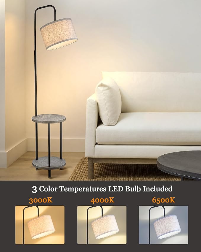 ELYONA Solid Wood Floor Lamp - Rustic Side Table Lamp for Bedroom & Living Room - Mid Century Modern Floor Lamp with 3 Color Temperatures LED Bulb - Industrial Tall Pole Reading Standing Light - Grey