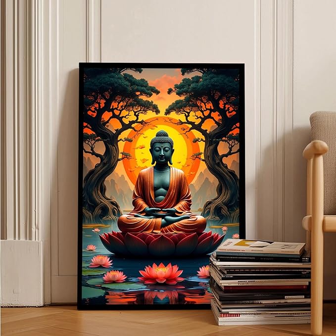 Canvas wall art Golden Buddha on lotus at sunset Ancient trees with reflections on water Serene meditation scene Uplifting wall art for mindfulness and tranquil home decor 20x30in Metal blackFramed