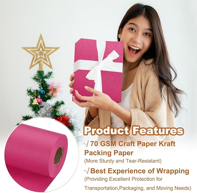 PATIKIL Wrapping Paper, 20" x 700"(59') 70 GSM Craft Paper Roll Kraft Packing Paper for Poster Bulletin Board, Gift Wrapping, Dark Pink