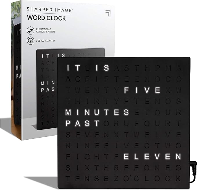 Sharper Image LED Word Digital Clock, 7.75", Black Finish, Light-Up Desk & Wall Clock, Modern Time Display, Shelf or Wall Decor for Home Office, Living Room, Kitchen & Bedroom, Housewarming Gift