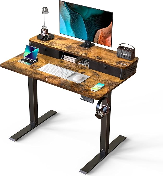 Electric Standing Desk with 2 Drawers 40''x 24'' Small Adjustable Height Sit to Stand Up Desk with Storage Shelf, C-Clamp Mount Compatible Home Office Desks Computer Gaming Table Ergonomic Workstation