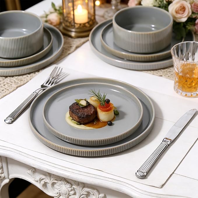 MONITO Ceramic Dinnerware Sets for 4, 12PCS Stoneware Plates and Bowls Sets, Reactive Glaze Dish Set, Chip and Scratch Resistant Double, Microwave and Dishwasher Safe, Sage Mist