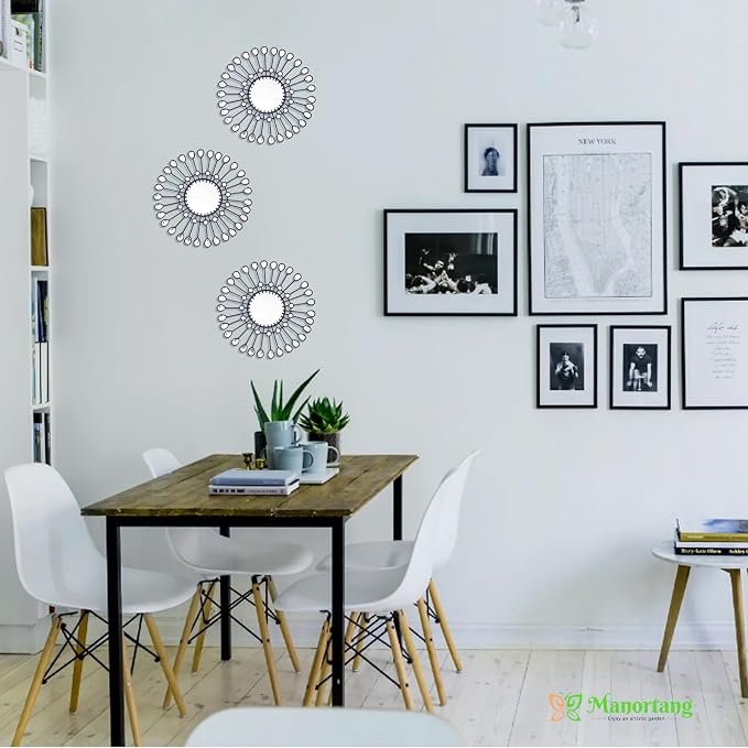 Black Mirrors 3 Piece, Sunburst Mirror Hanging Wall Decor, 9 inch Decorative Mirrors Wall Art, Rhinestone Round Mirror for Bedroom, Valentine, Kitchen, House Warming Valentine Gifts
