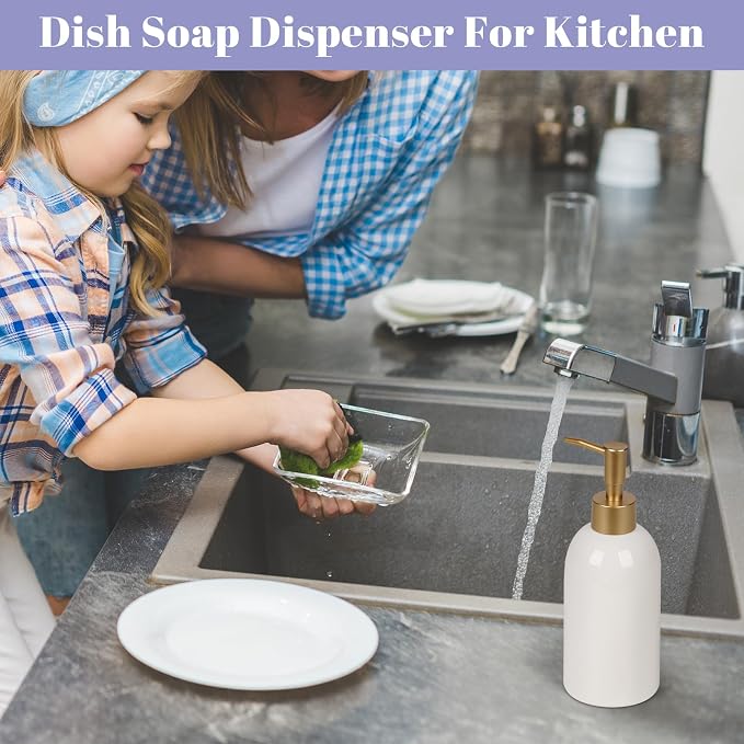 Natheeph 14OZ Ceramic Soap Dispenser Ceramic Soap Pump Dispenser Can Fill Liquid for Bathroom/Kitchen (White)