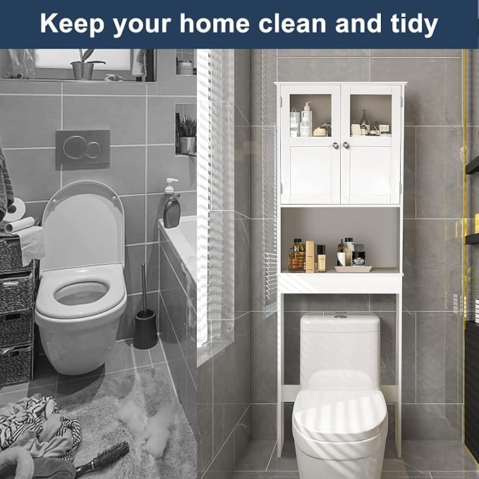 VINGLI Over The Toilet Storage Cabinet White Bathroom Storage Organizer Above the Toilet Shelf with Acrylic Glass Double Doors Wood Muebles para BañO Rack with Adjustable Shelf