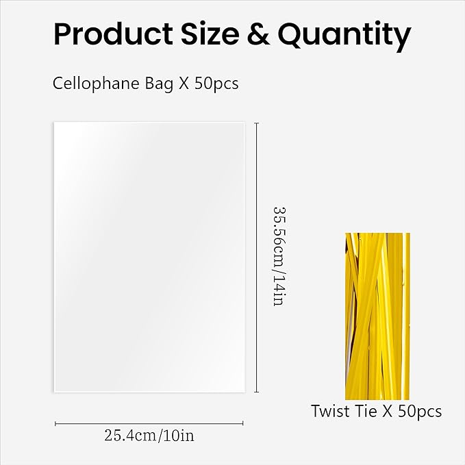 joybest 50 Pcs Clear Cellophane Gift Bags, 10x14 inches OPP Plastic Treat Goodie Bags with 50 Pcs Twist Ties for Gift Wrapping, Party Favors, Bridal Showers