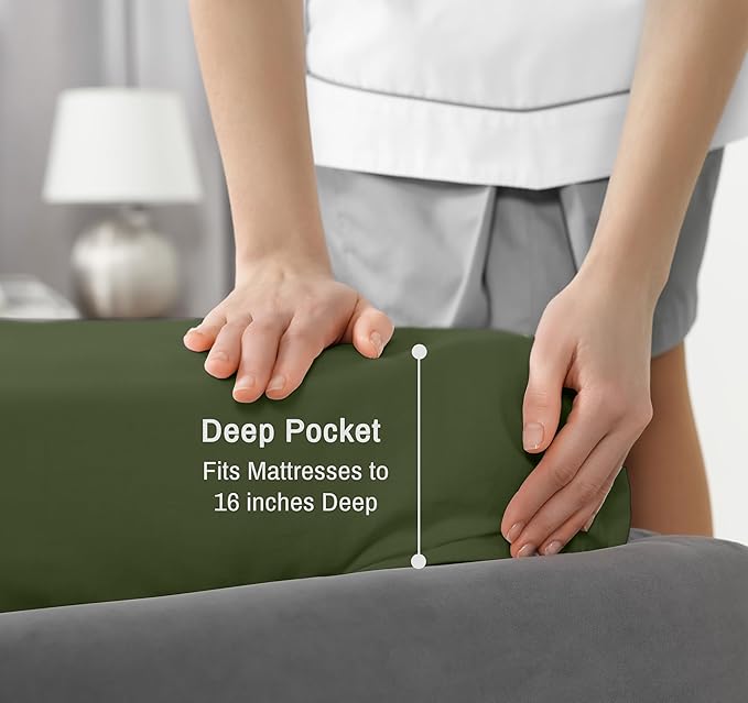 RUVANTI 100% Cotton King Size Sheets Set, 4 Pieces, Soft & Breathable Percale Weave Bedding, Deep Pocket 16", Hotel Standard, Crisp Cool Feel, Durable, Perfect Dyed Bed Sheet, Chive