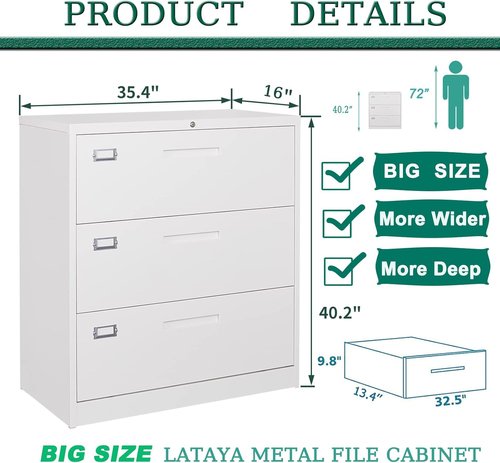 Letaya Lateral File Cabinet - 3 Drawer Metal Filing Storage for Home Office Organization | White