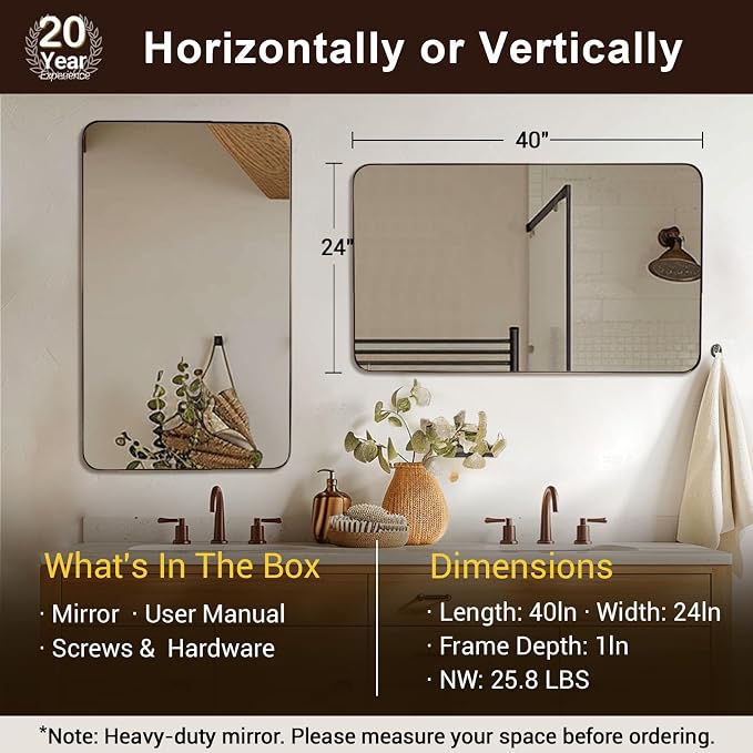 ANDY STAR Bronze Bathroom Mirror for Wall, 24X40” Bronze Wall Mirror for Vanity, Rounded Rectangle Mirror, Oil Rubbed Bronze Metal Modern Stainless Steel Frame, Hang Vertically or Horizontally